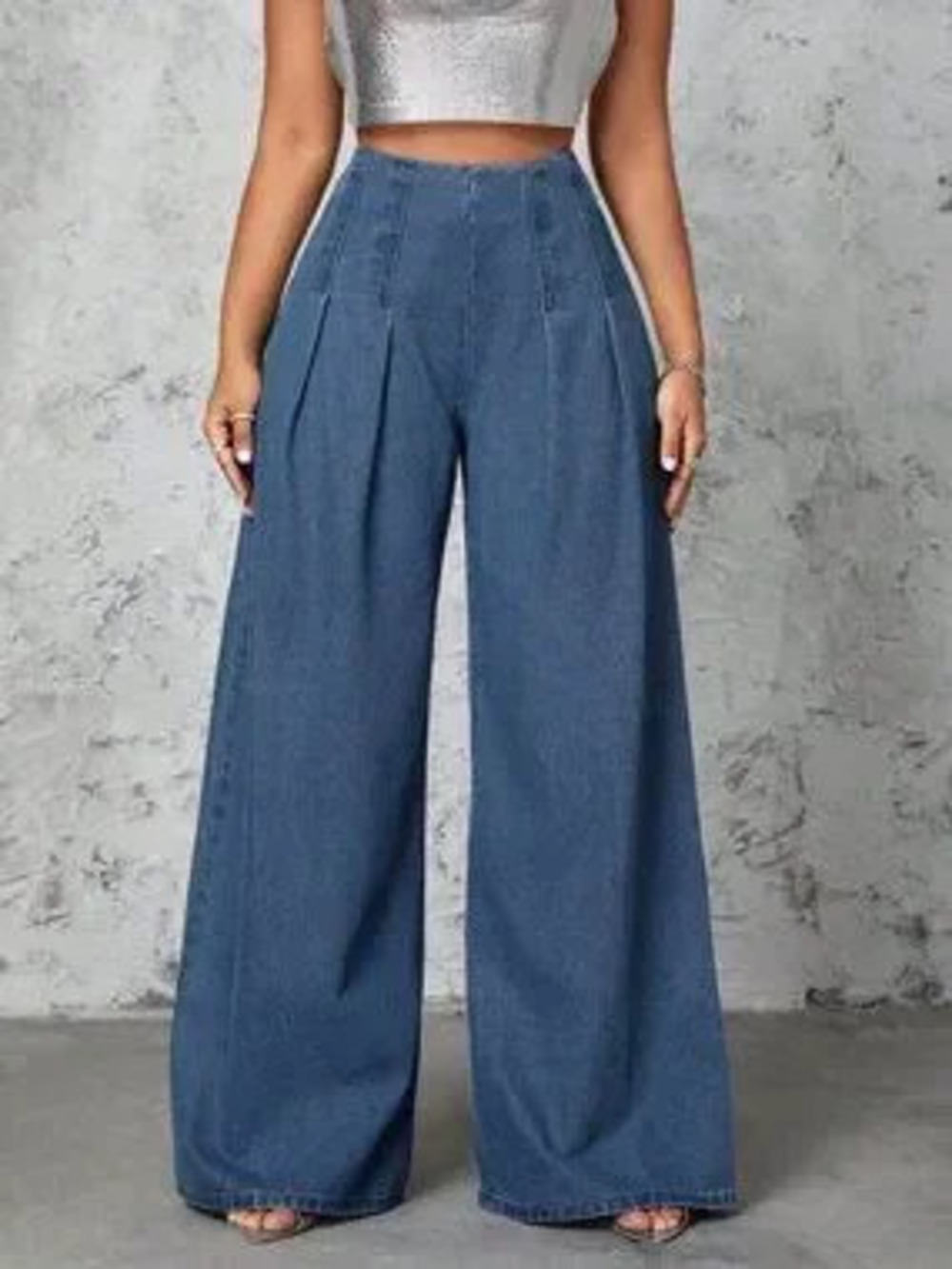 Blue Casual Women's Pleated Wide Leg Denim Pants